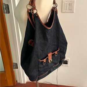 Denim tote bag with leather handles